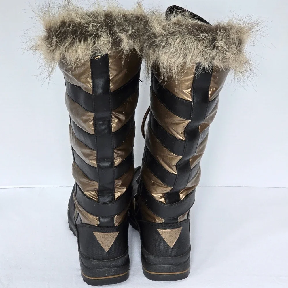 GUESS Hadly Womens Size 7M Tall Winter Boots Bronze Black Faux Fur Lace Up